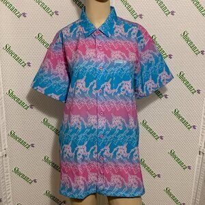 Retro Rifle Button Down Shirt The Dream Skeleton Unicorn Blue Pink Mens L
